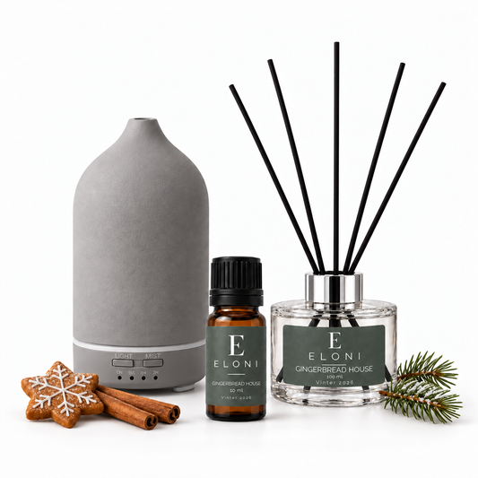 ELONI Julpaket Limited Edition – grågrön diffuser med Gingerbread House doftolja och doftpinnar