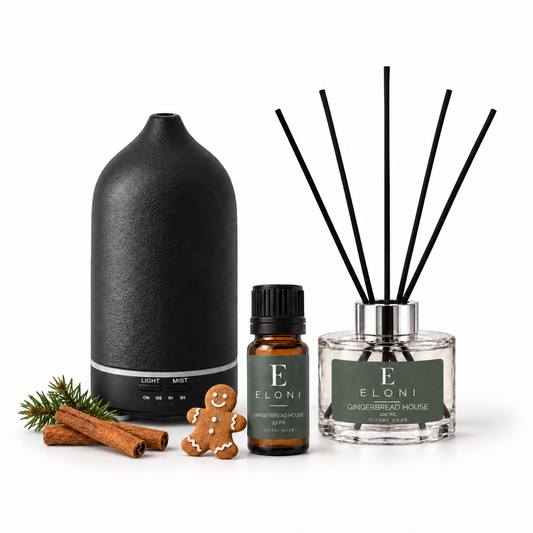 ELONI Julpaket Limited Edition – svart diffuser med Gingerbread House doftolja och doftpinnar