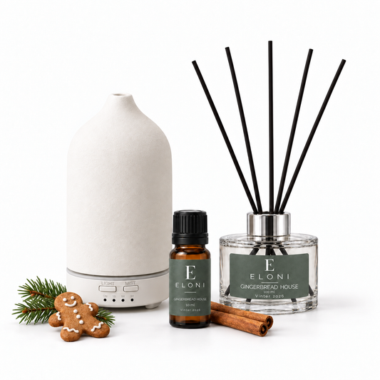 ELONI Julpaket Limited Edition – vit diffuser med Gingerbread House doftolja och doftpinnar